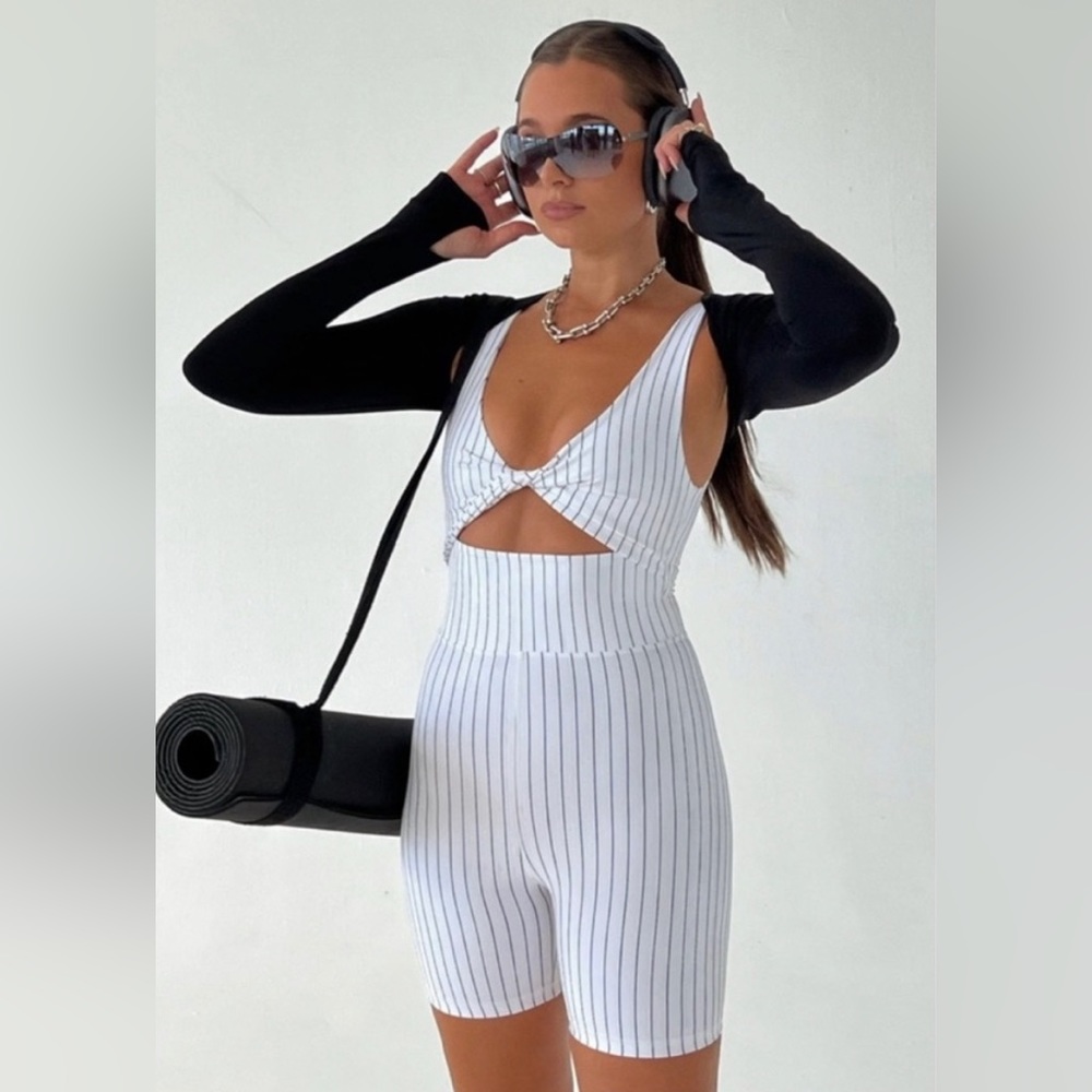 WeWoreWhat White and Black Pinstripe workout onsie